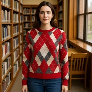 Women’s  Modatutkusu Red Gray & Ivory Argyle Crewneck Sweater Size Large